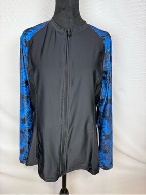 Jasambac Zip Front Rash Guard Swim Top Blue Palm Print XL NWT UPF Activewear